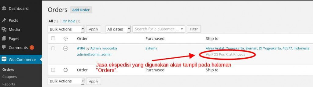 Jasa ekspedisi yang digunakan akan muncul di halaman Orders