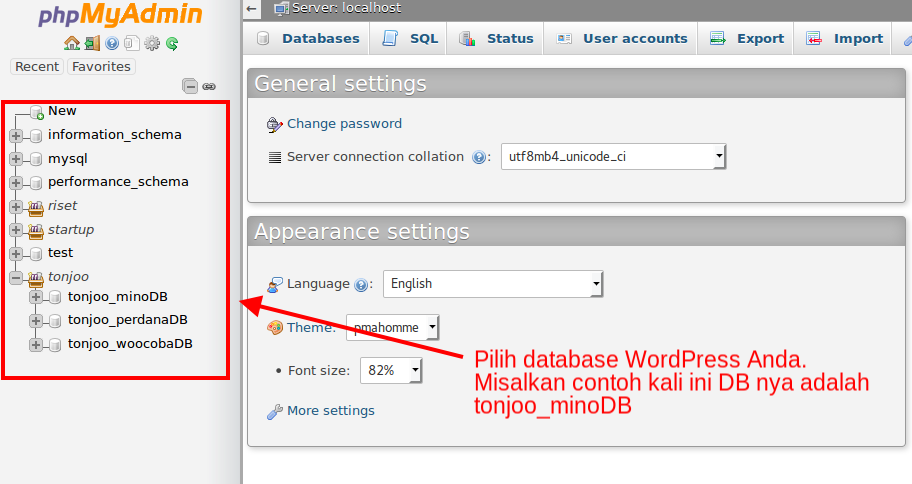 Pilih database WordPress Anda