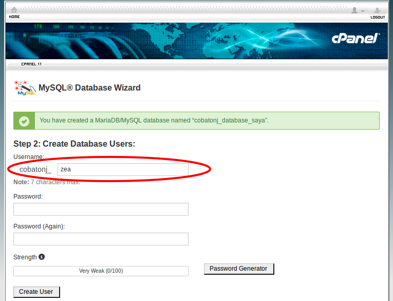 Buat username database Anda